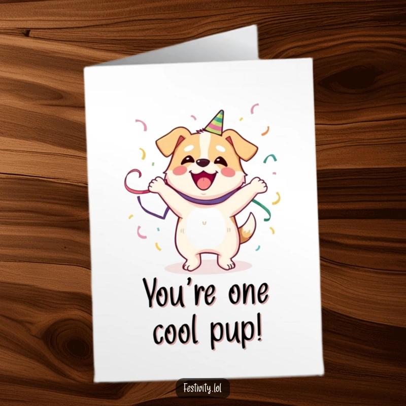 Funny Free Printable Congratulations Card: A happy dog in a lively dance, tangled in colorful streamers, celebrating success.