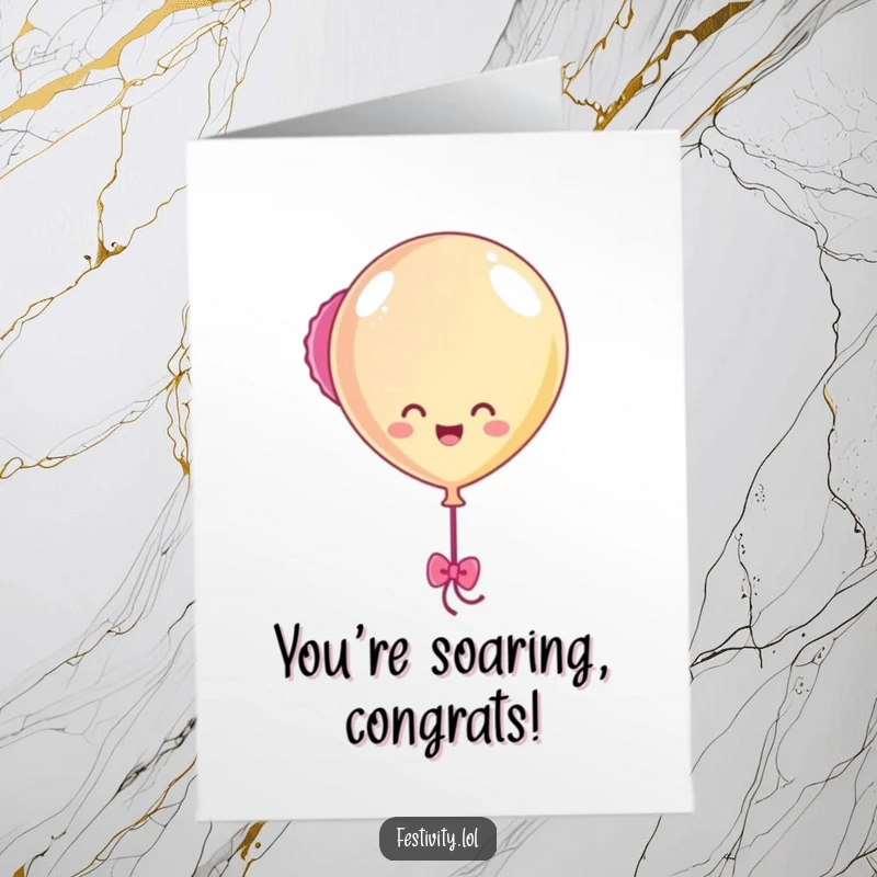 Funny Free Printable Congratulations Card: A happy balloon character cheerfully bobbing with streamers to celebrate.