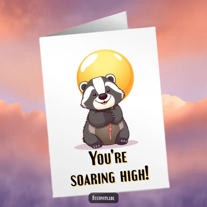 Funny Free Printable Congrats Card: A happy badger embraces a giant, vibrant balloon.