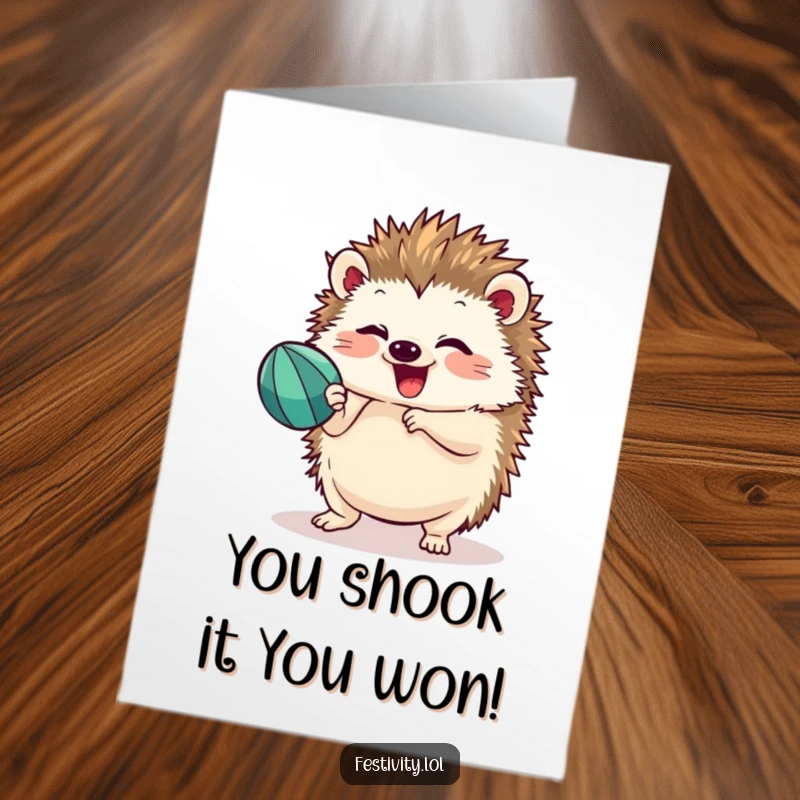 Funny Free Printable Congrats Card: Energetic hedgehog shaking a maraca, spreading celebratory vibes with a focused grin.