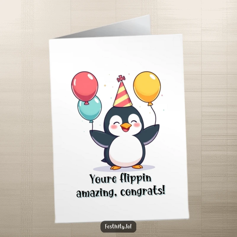 Funny Free Printable Congrats Card: Giggling penguin juggling balloons, a celebratory penguin.
