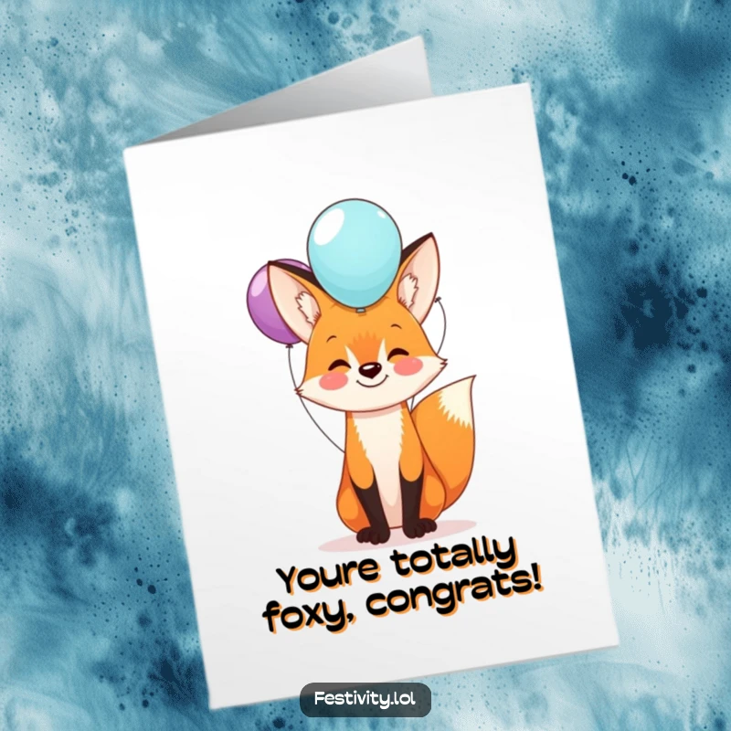 Funny free printable congratulations card of a happy fox balancing balloons, celebrating success with a playful, humorous touch.
