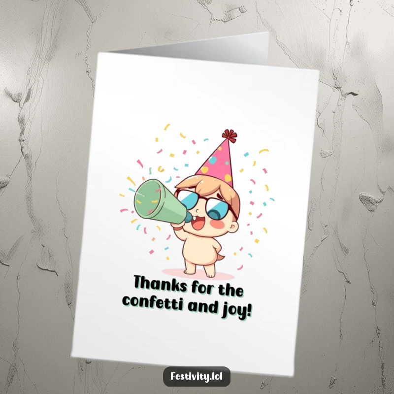 Funny Free Printable Thank You Card: Character with party hat blowing confetti cannon, a festive thank you.