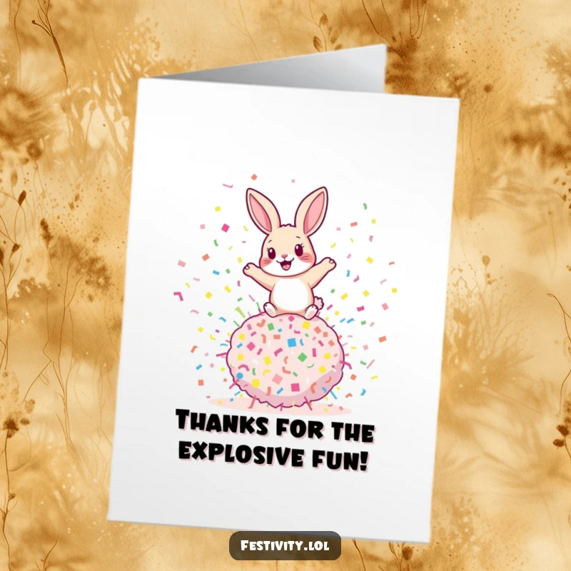 Funny free printable thank you card featuring a playful rabbit bouncing on a confetti bomb, expressing thanks with a pop of humor.