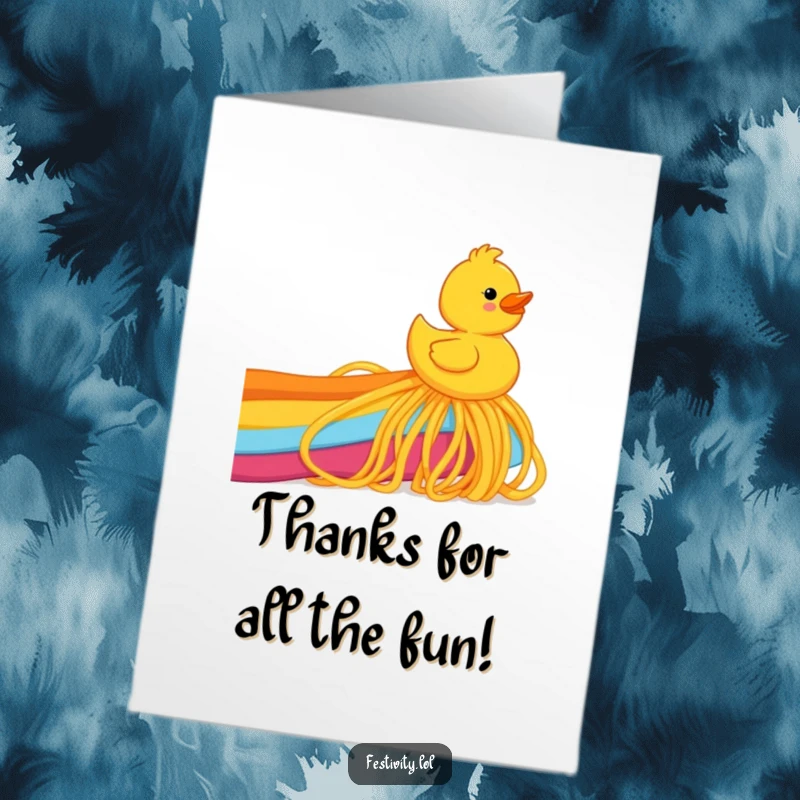 Funny Free Printable Thank You Card: A rubber ducky gleefully slides down a rainbow made of spaghetti.