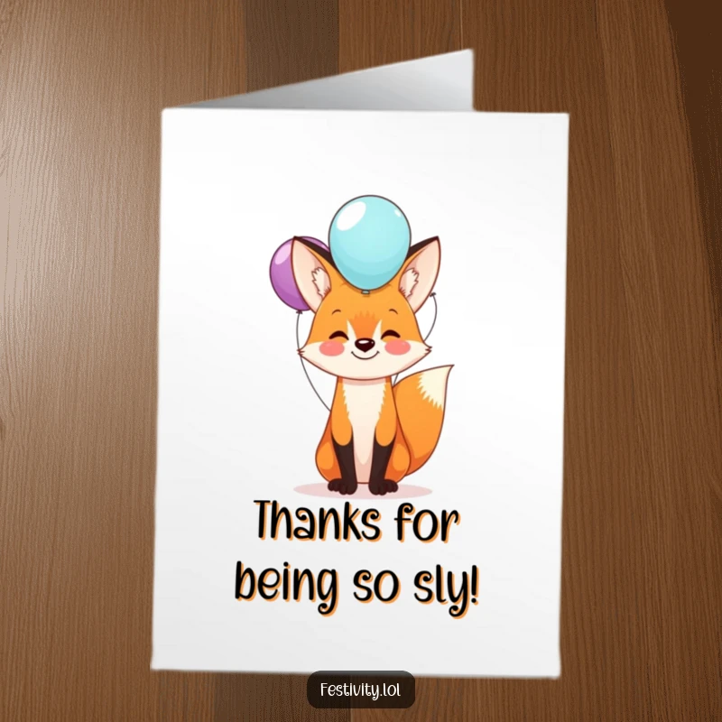 Funny free printable thank you card featuring a happy fox balancing balloons, expressing gratitude with playful humor and charm.