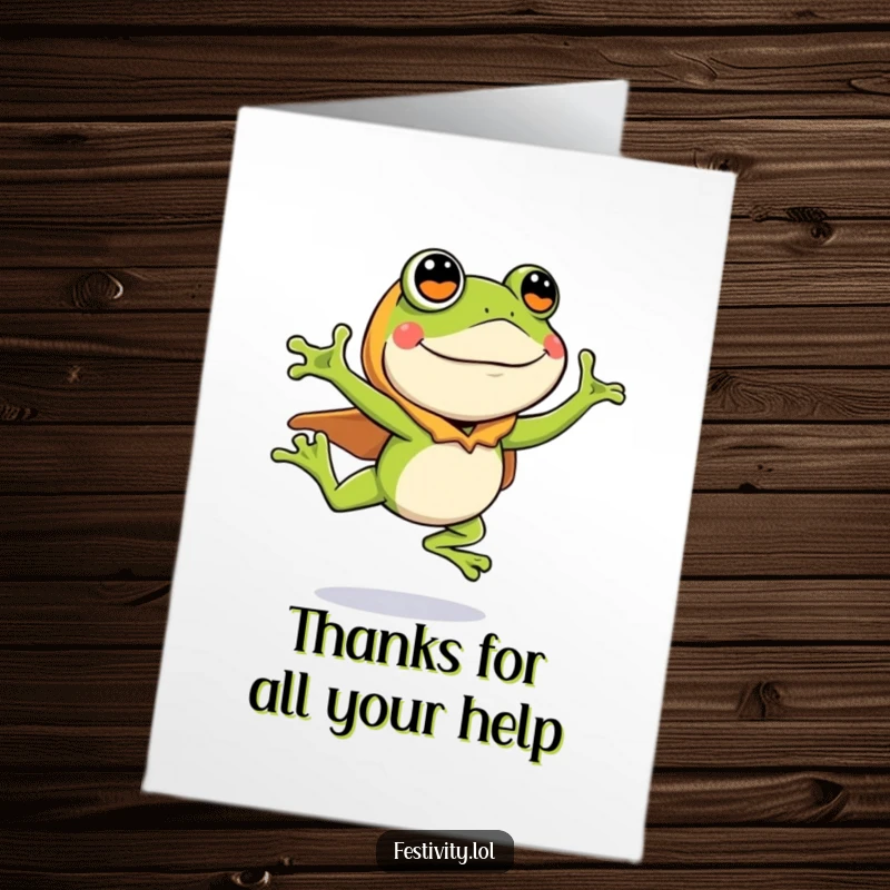 Funny Free Printable Thank You Card: A silly frog dressed in a costume mid-leap, showing enthusiastic thanks, downloadable.