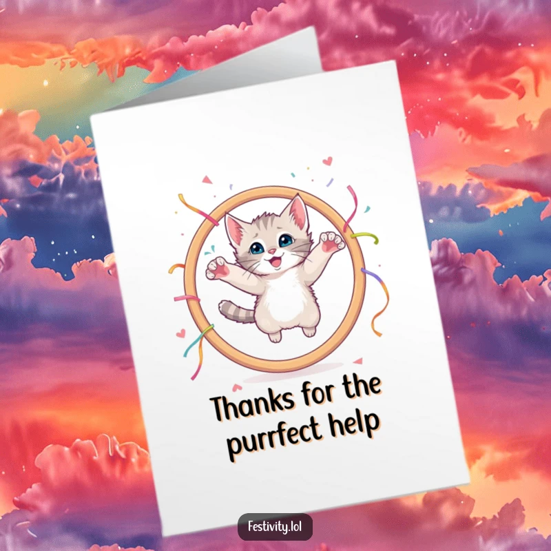 Funny Free Printable Thank You Card: A curious kitten performs a gymnastic leap through a large hoop with streamers.