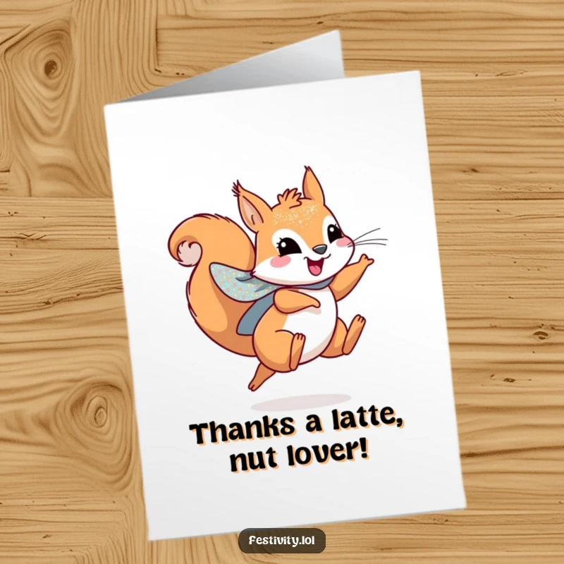 Funny free printable thank you card of a playful squirrel in a sparkly cape, leaping joyfully to express heartfelt thanks.