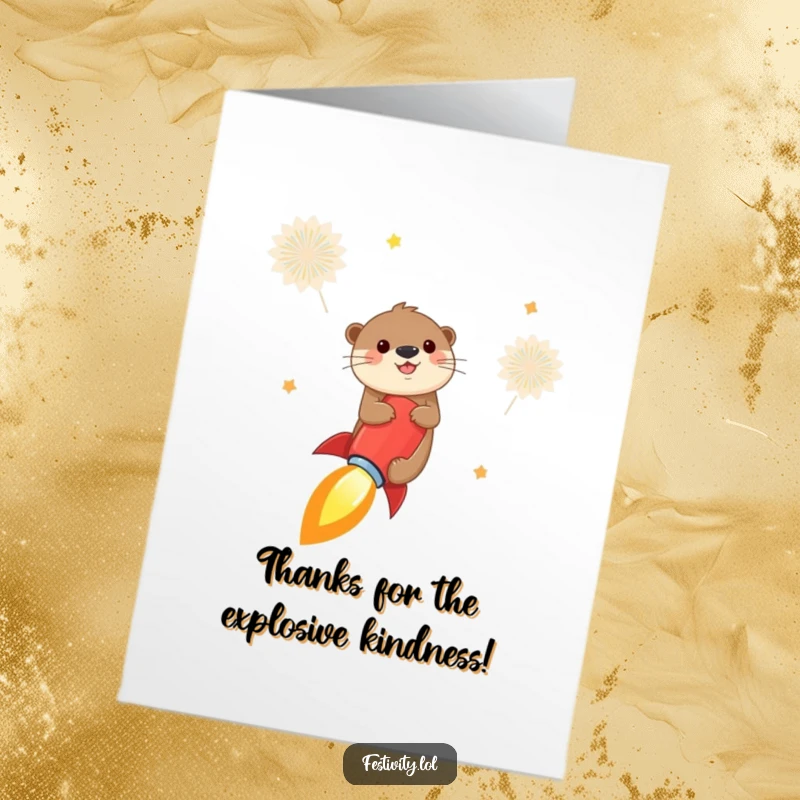 Funny free printable thank you card featuring a cheerful otter riding a firecracker rocket into the sky, expressing thanks with humorous zest.