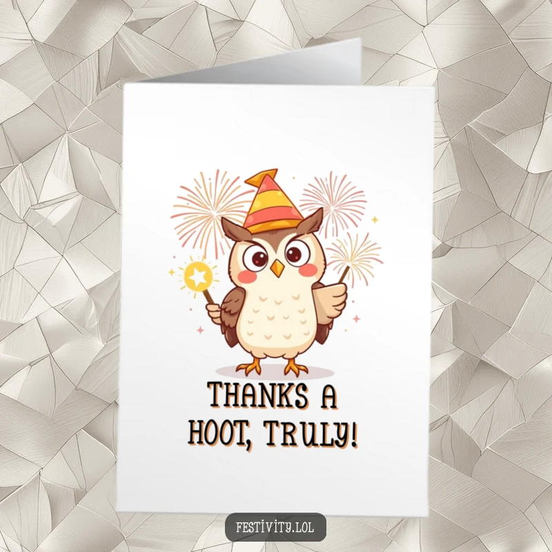 Funny Free Printable Thank You Card of a determined owl wearing a silly hat, lighting a huge, impressive firework.