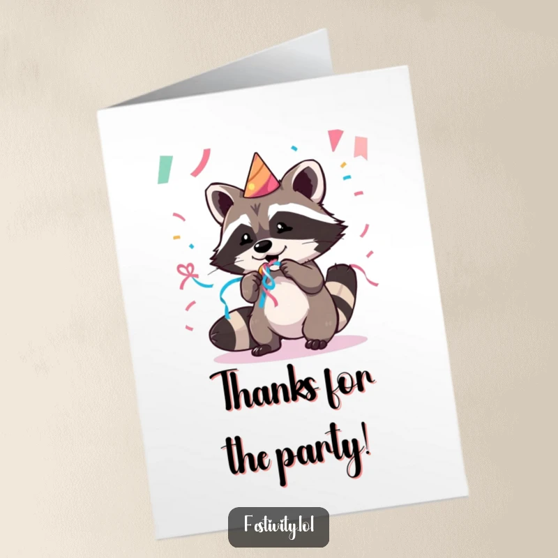 Funny Free Printable Thank You Card: Raccoon playfully pilfers a party streamer, a cheeky way to say thanks.