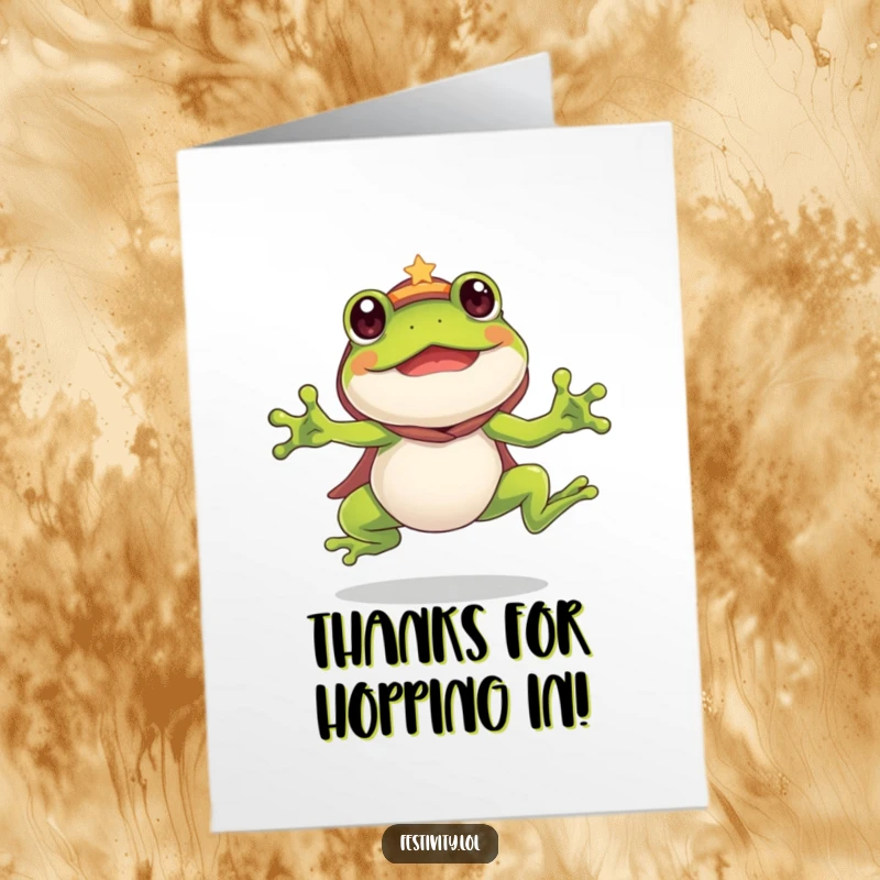 Funny Free Printable Thank You Card: A silly frog in costume leaping enthusiastically to convey sincere thanks.