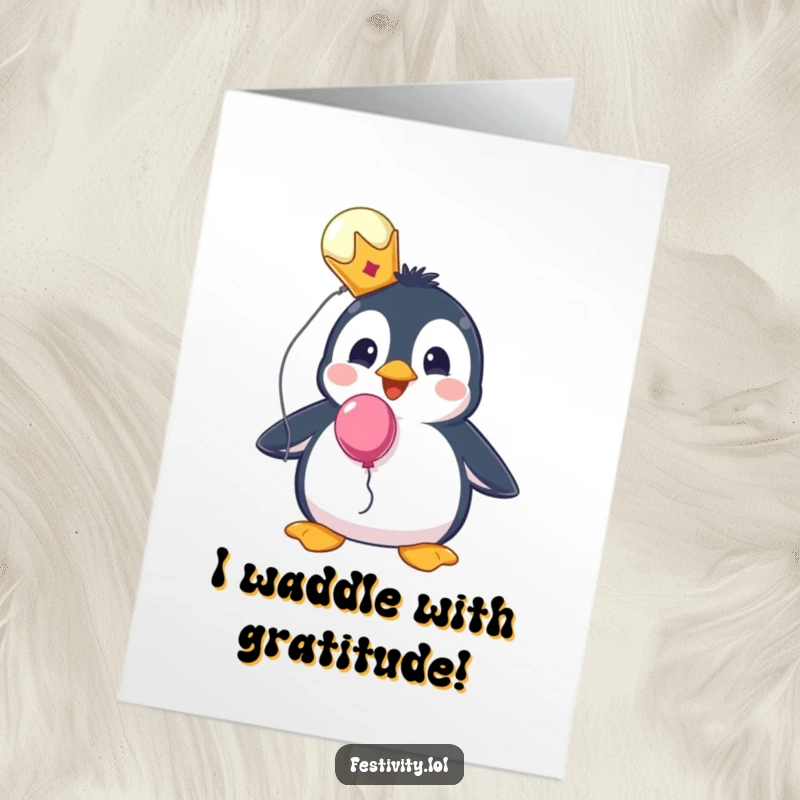 Funny free printable thank you card of a surprised penguin wearing a tiny crown, holding a single, cheerful balloon.