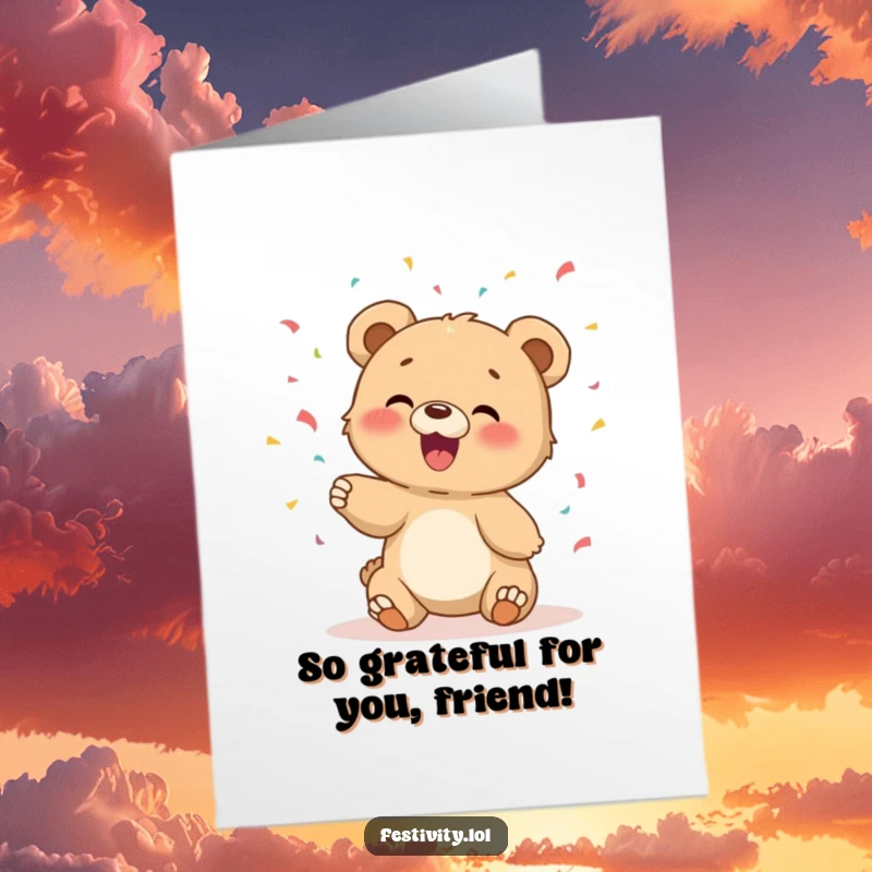 Funny free printable thank you card of a giggling bear cub tossing confetti, symbolizing a shower of heartfelt gratitude.