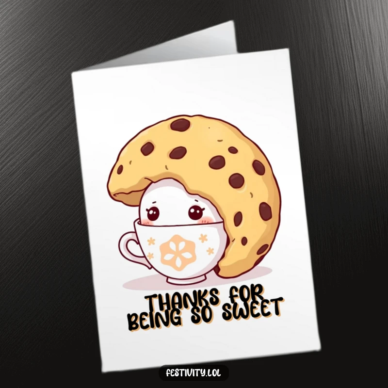 Funny Free Printable Thank You Card: A shy teacup character peeks from under a giant cookie, a cute and funny way to thank someone.