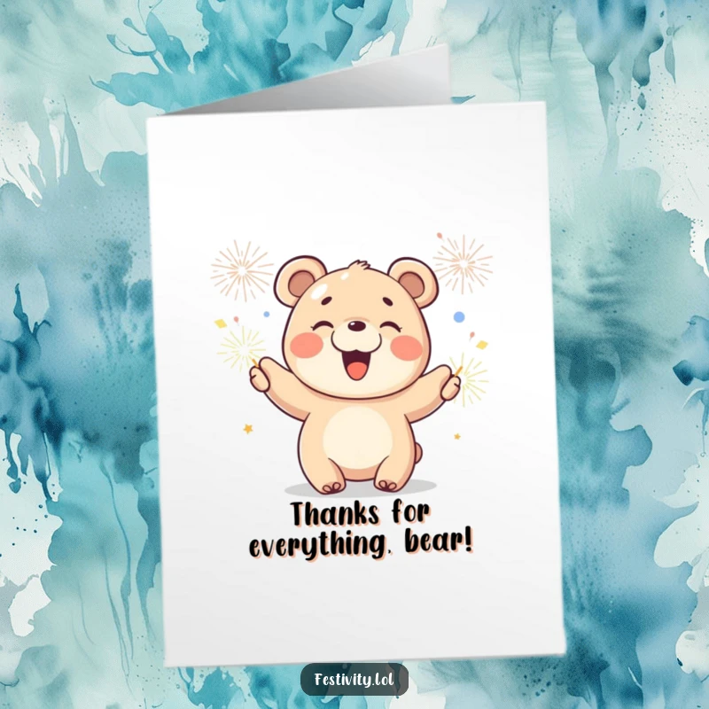 Funny Free Printable Thank You Card: A joyful bear cub waves sparklers with a wide smile, a bright thank you message.