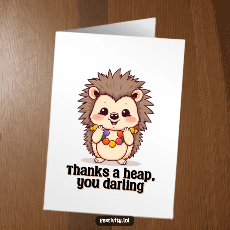 Funny Free Printable Thank You Card: a festive hedgehog clapping its paws, conveying thanks with adorable enthusiasm.