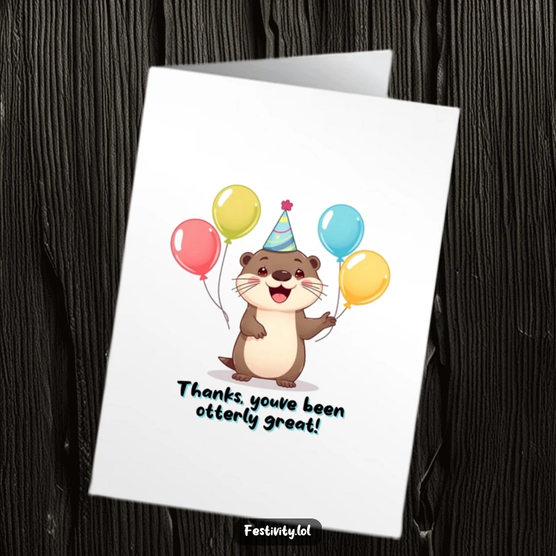Funny Free Printable Thank You Card: A happy otter in a party hat juggles balloons, a whimsical expression of thanks.