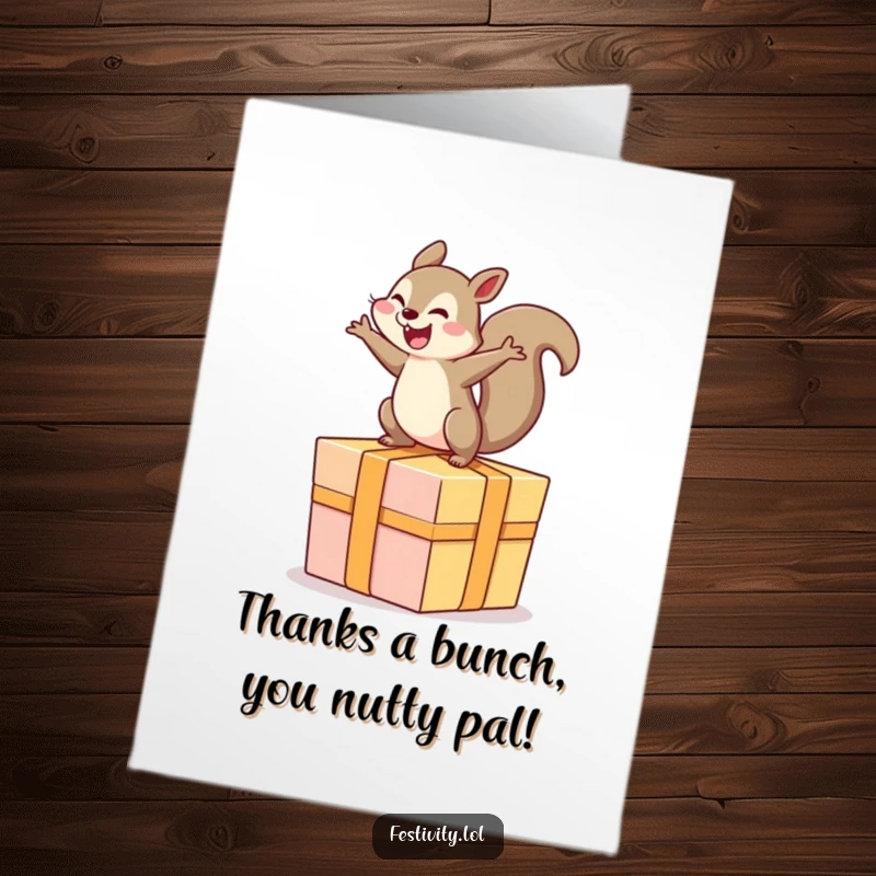 Funny Free Printable Thank You Card: A happy squirrel joyfully bouncing on a big present, conveying sincere thanks.