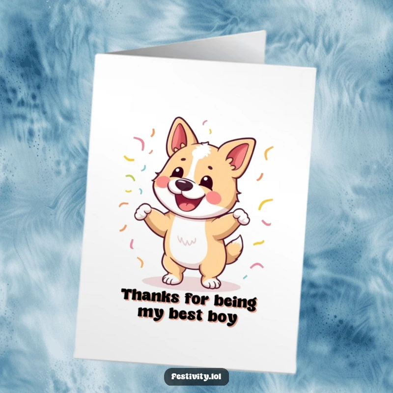 Funny Free Printable Thank You Card: A happy dog performing a joyful dance with streamers tangled around it, a downloadable thank you.