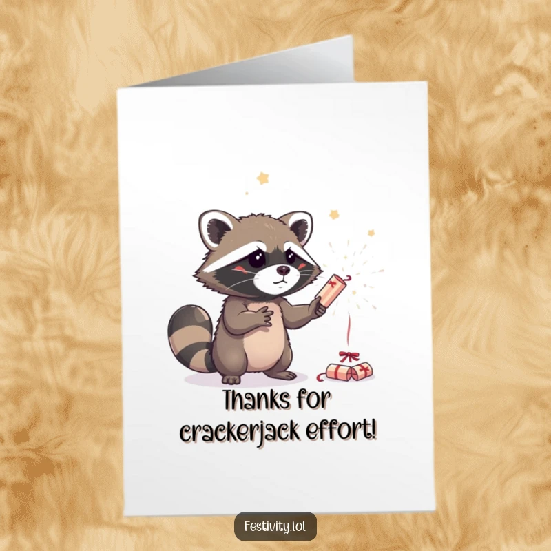 Funny Free Printable Thank You Card: A curious raccoon attempting to juggle sparkling party crackers, a charmingly chaotic gesture.