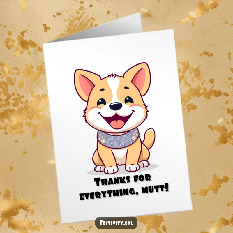 Funny Free Printable Thank You Card: A smiling dog with a glittery collar, wagging its tail, expressing funny gratitude.