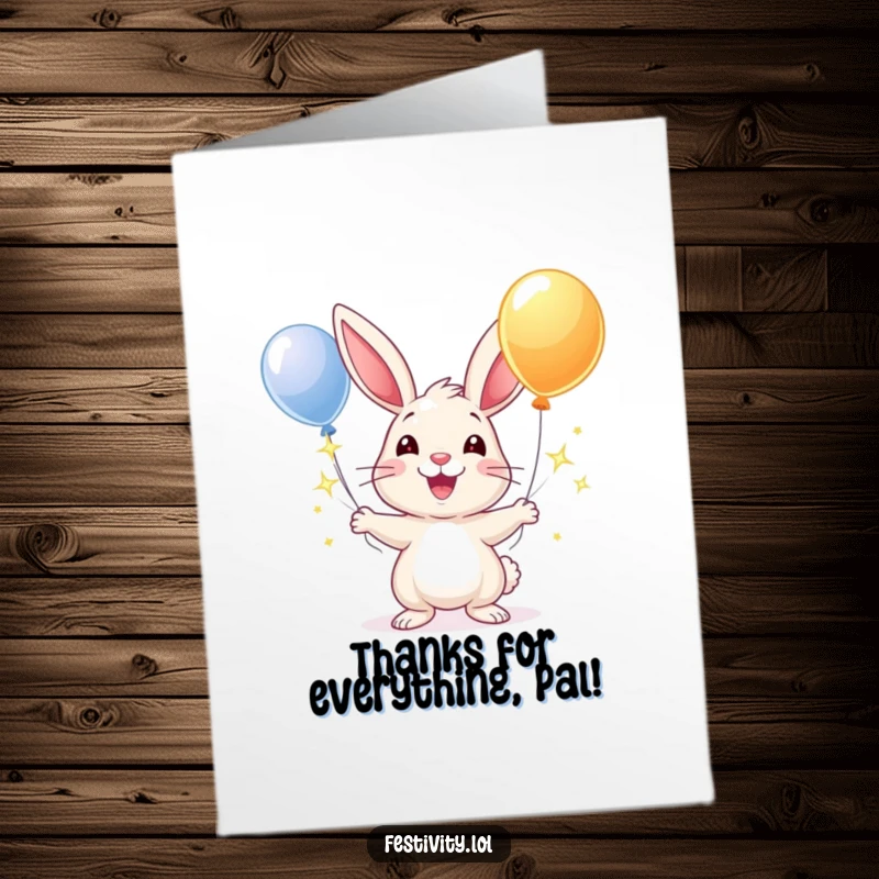 Funny Free Printable Thank You Card featuring a smiling rabbit juggling colorful, sparkling balloons.