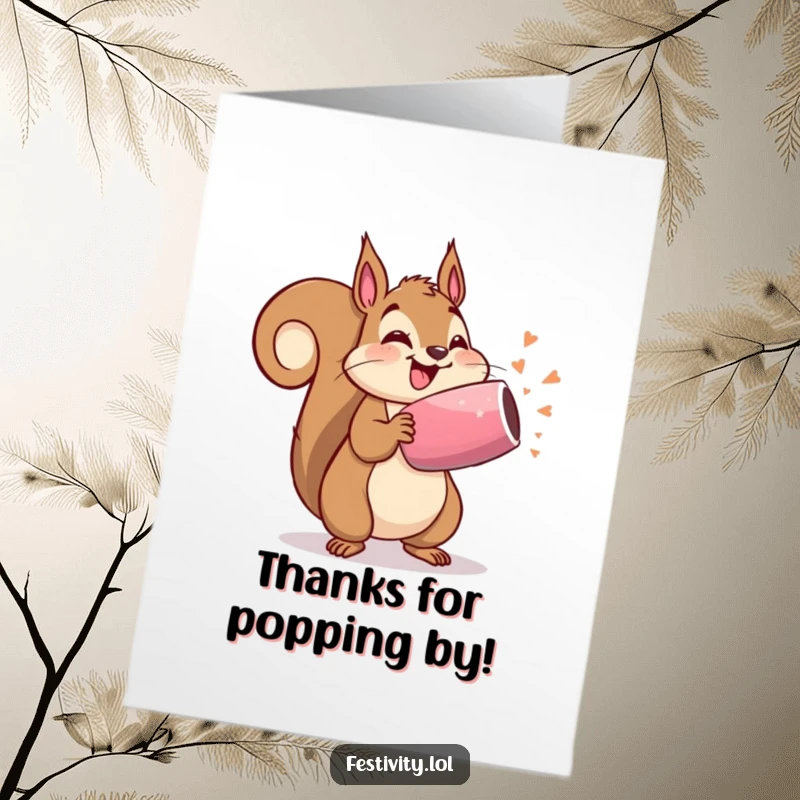 Funny Free Printable Thank You Card: A delighted squirrel holding a large party popper, ready to celebrate your thanks, downloadable.