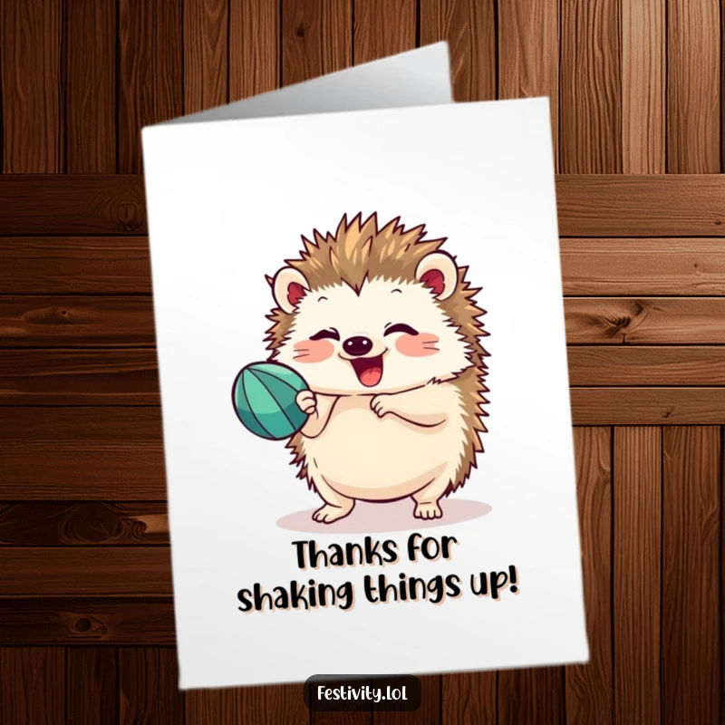 Funny Free Printable Thank You Card: Adorable hedgehog enthusiastically shaking a maraca, a rhythmic thank you.