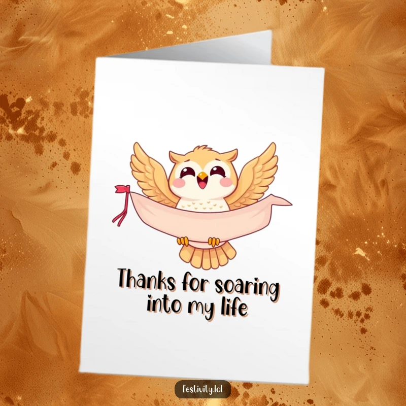 Funny Free Printable Thank You Card with a joyful owl carrying a banner, great for a unique expression of thanks.