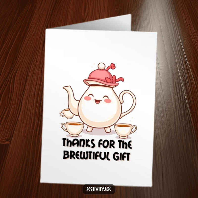 Funny Free Printable Thank You Card: A happy teapot in a hat cheerfully juggles teacups, offering thanks.