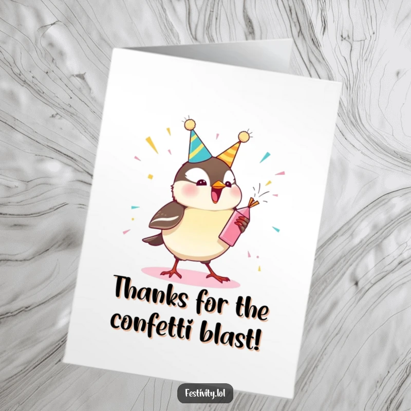Funny Free Printable Thank You Card: A cheerful chickadee popping a party popper to express heartfelt thanks with confetti.