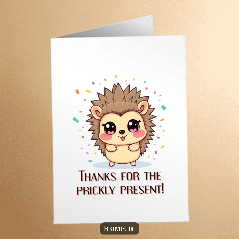 Funny Free Printable Thank You Card: A surprised hedgehog is showered with confetti, a quirky way to say thank you.