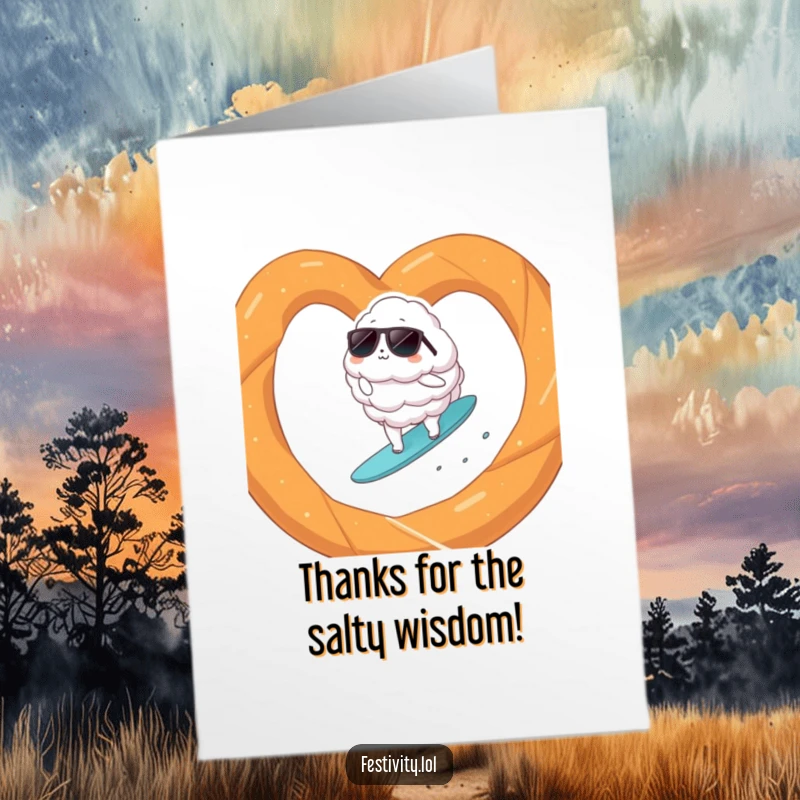 Funny Free Printable Thank You Card: A fluffy cloud in sunglasses confidently surfing a giant pretzel.