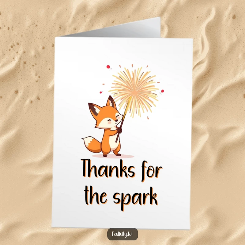 Funny Free Printable Thank You Card: Determined fox holds a giant, spectacular firework, symbolizing explosive thanks.