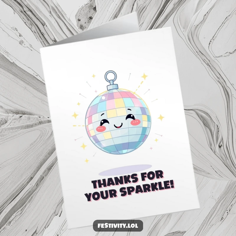 Funny Free Printable Thank You Card: A satisfied disco ball character scatters beaming lights, offering a twinkling, happy thank you.