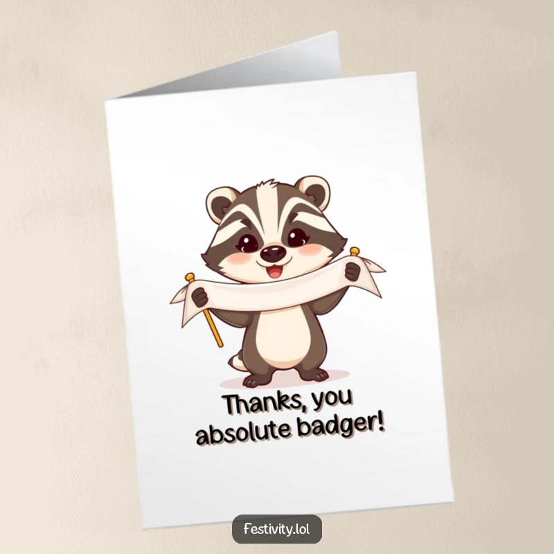 Funny Free Printable Thank You Card: A triumphant badger proudly displaying a banner to express sincere thanks.