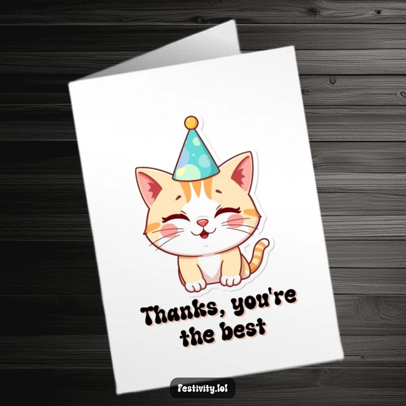 Funny Free Printable Thank You Card: A cat wearing a silly party hat and winking.