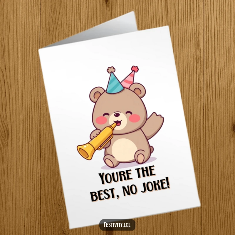 Funny Free Printable Thank You Card depicting a happy bear with a party hat, playing a trumpet to express thanks.