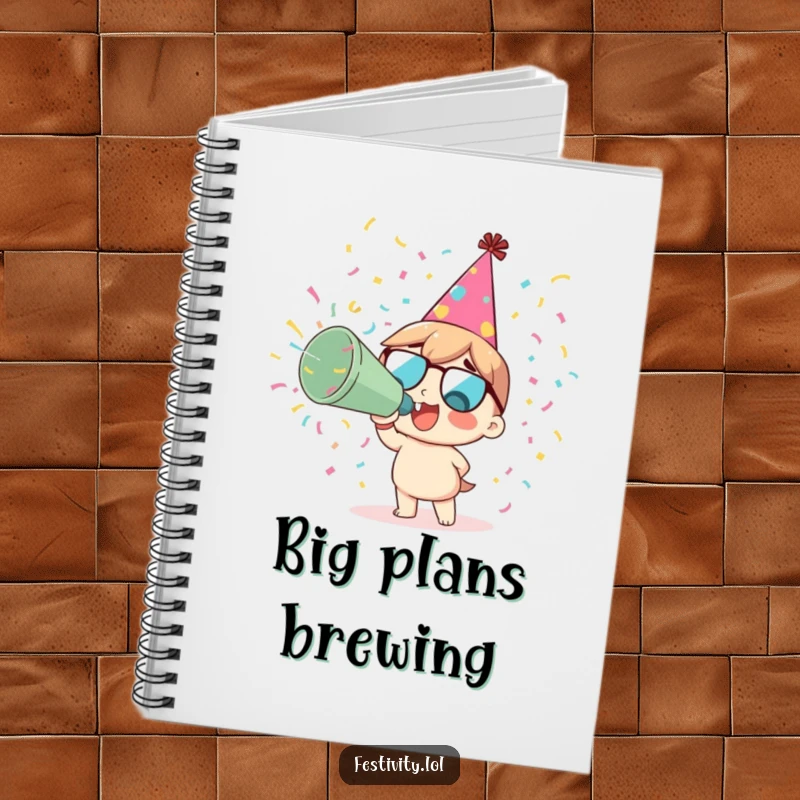 Funny delighted character blowing a confetti cannon on the cover of a celebration notebook.