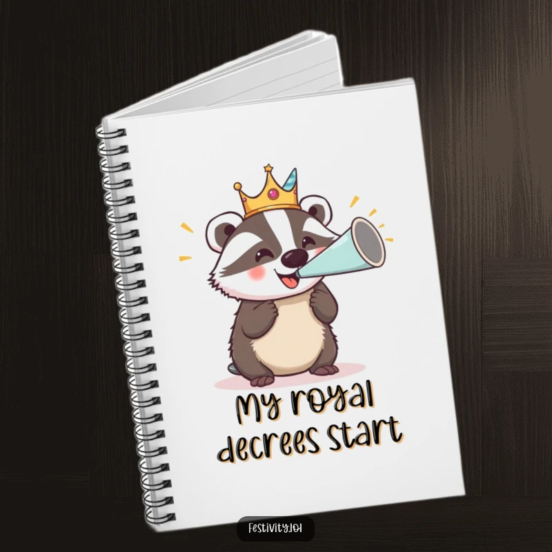 Funny notebook with a delighted badger in a silly crown blowing a party horn, ideal for writing and journaling.