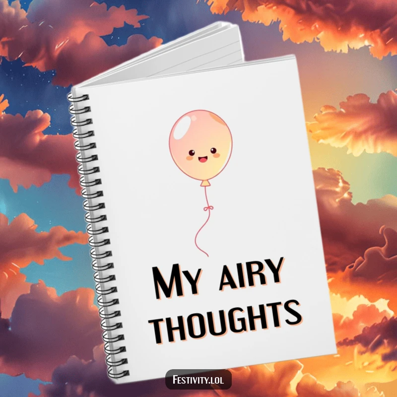 Funny cute balloon bouncing with streamers, a humorous notebook cover for writing and planning.