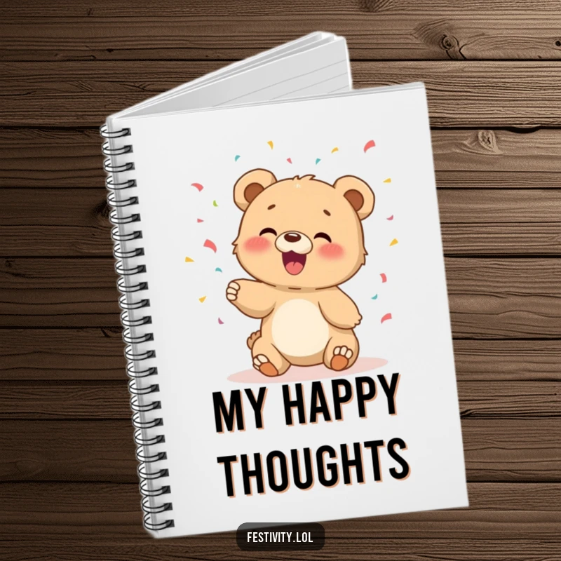 Funny notebook featuring a giggling bear cub tossing confetti, ideal for journaling and creative brainstorming.