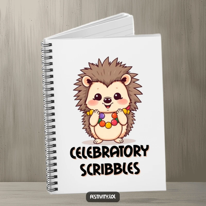Funny notebook with a cheerful hedgehog wearing a festive garland and clapping its paws, ideal for joyful note-taking.