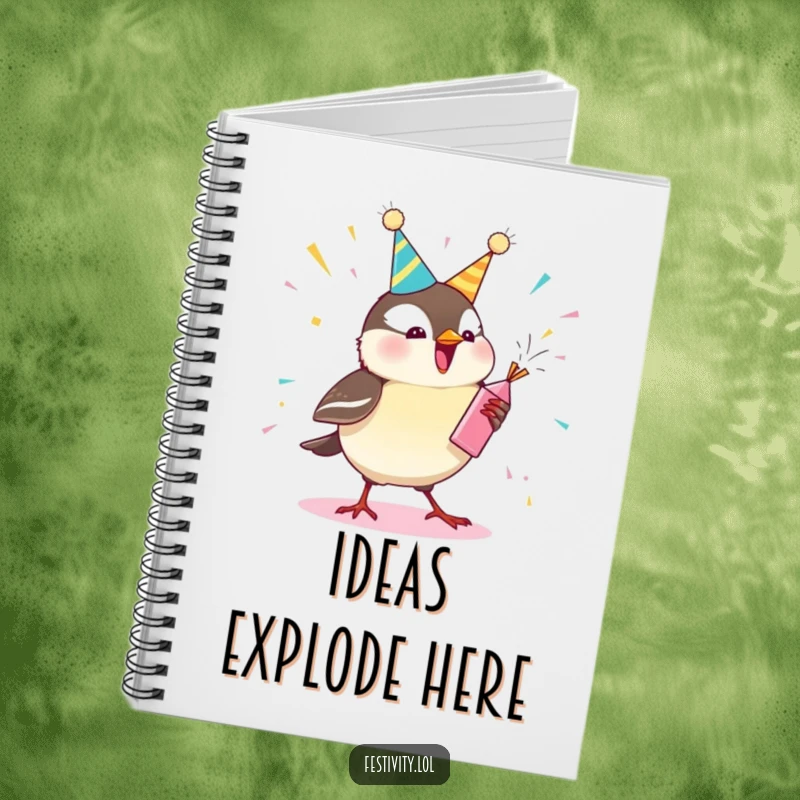 Funny chickadee notebook featuring a bird popping a party popper, ideal for taking notes, journaling, or sketching with a cheerful vibe.