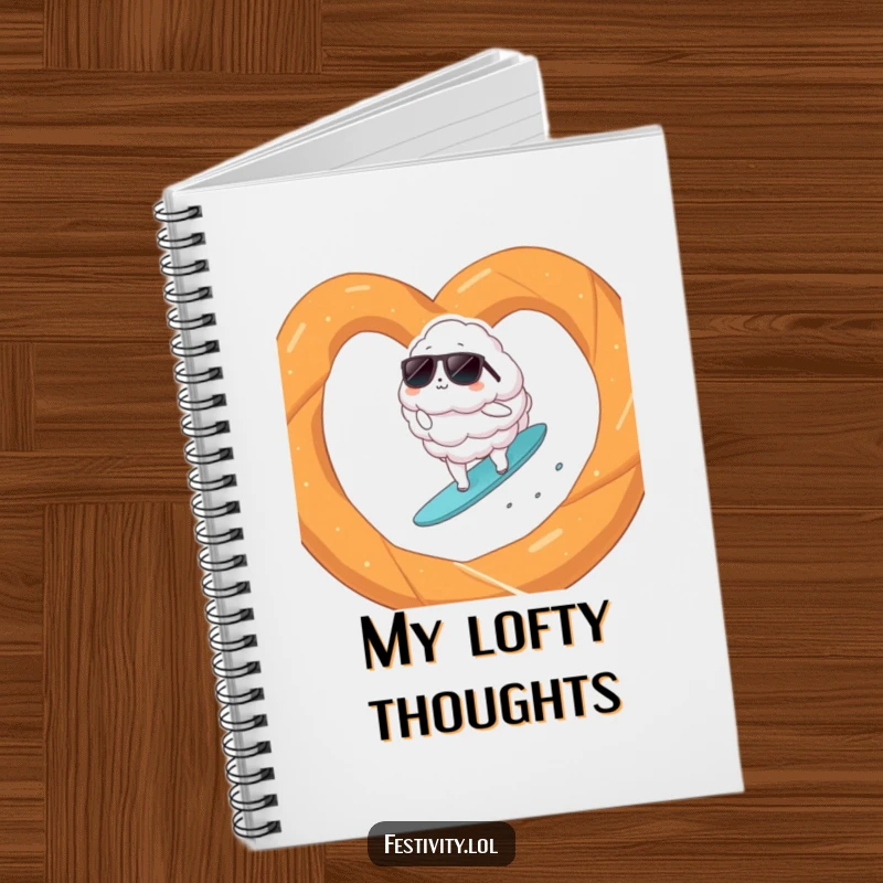 Funny cloud wearing sunglasses surfing on a giant pretzel, featured on a notebook cover for humorous note-taking.