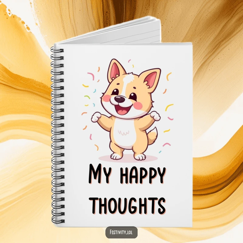 Funny notebook with a happy dog dancing joyfully, wrapped in streamers, ideal for journaling and notes.