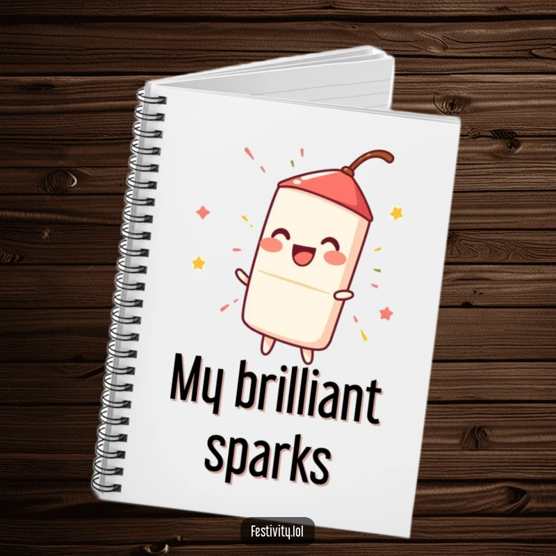 Funny happy firecracker igniting with a spark, a humorous notebook cover for writing and planning.