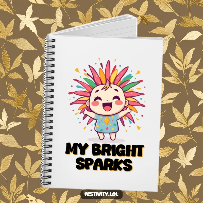 Funny notebook cover with a jubilant firework character bursting with colorful, joyful patterns, inspiring creative notes.